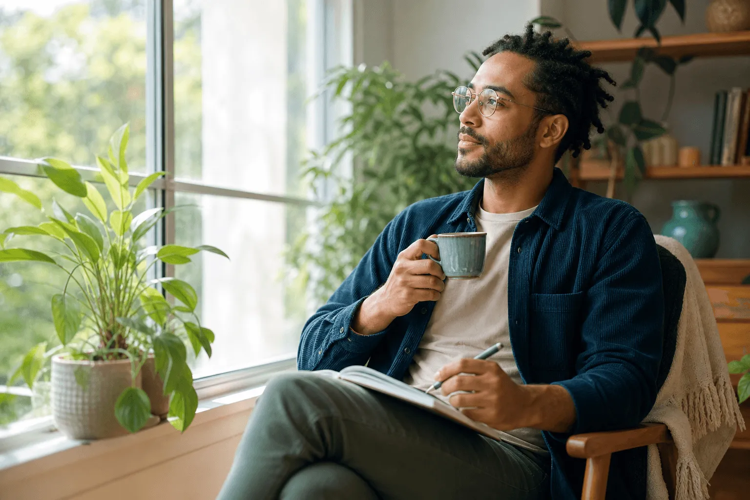 A calm adult by a sunlit window with a notebook and tea, gentle natural setting with plants.