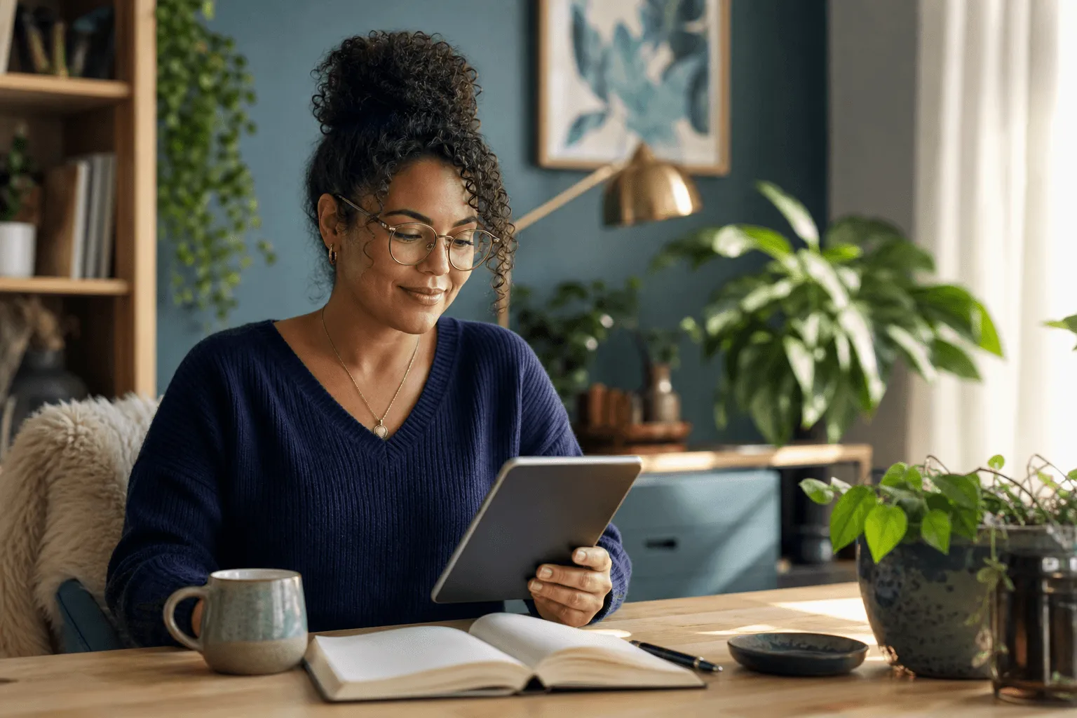 An adult reading on a tablet with coffee in a cosy home office with plants and warm light.