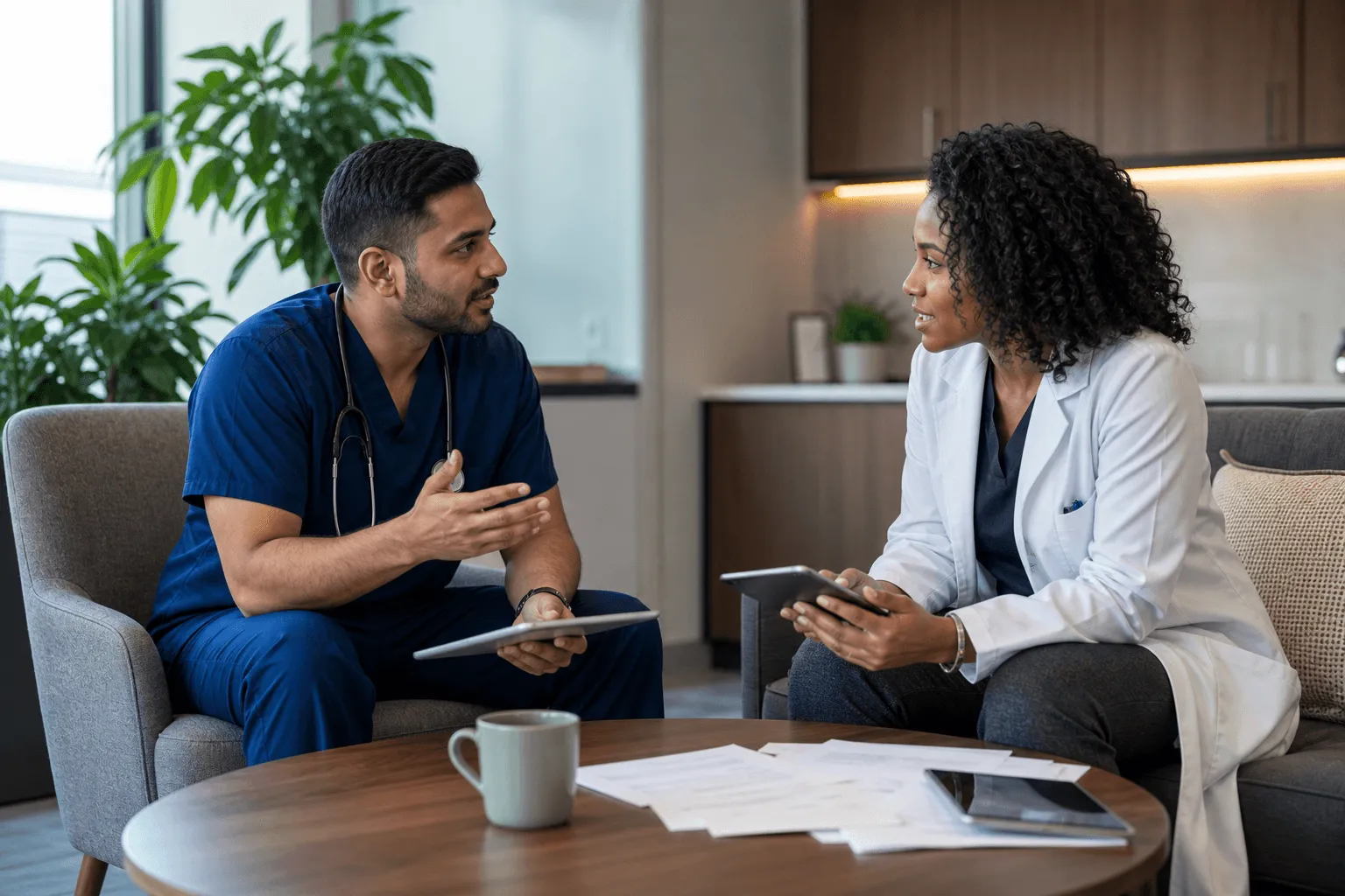 Two clinicians in mid-conversation around a coffee table with notes and tablets.