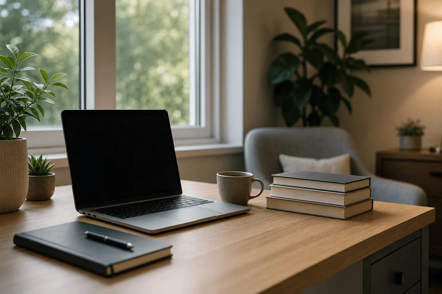 A tidy editorial desk with a laptop, notebook, coffee and books in a clinic reading nook.