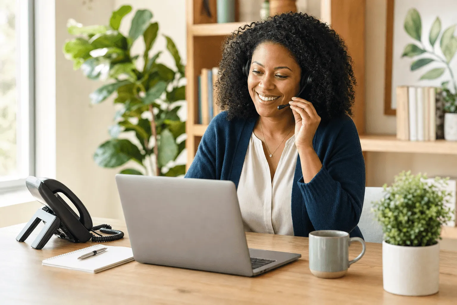A friendly clinic administrator wearing a headset, smiling at her laptop while taking a call at a bright, plant-filled desk.