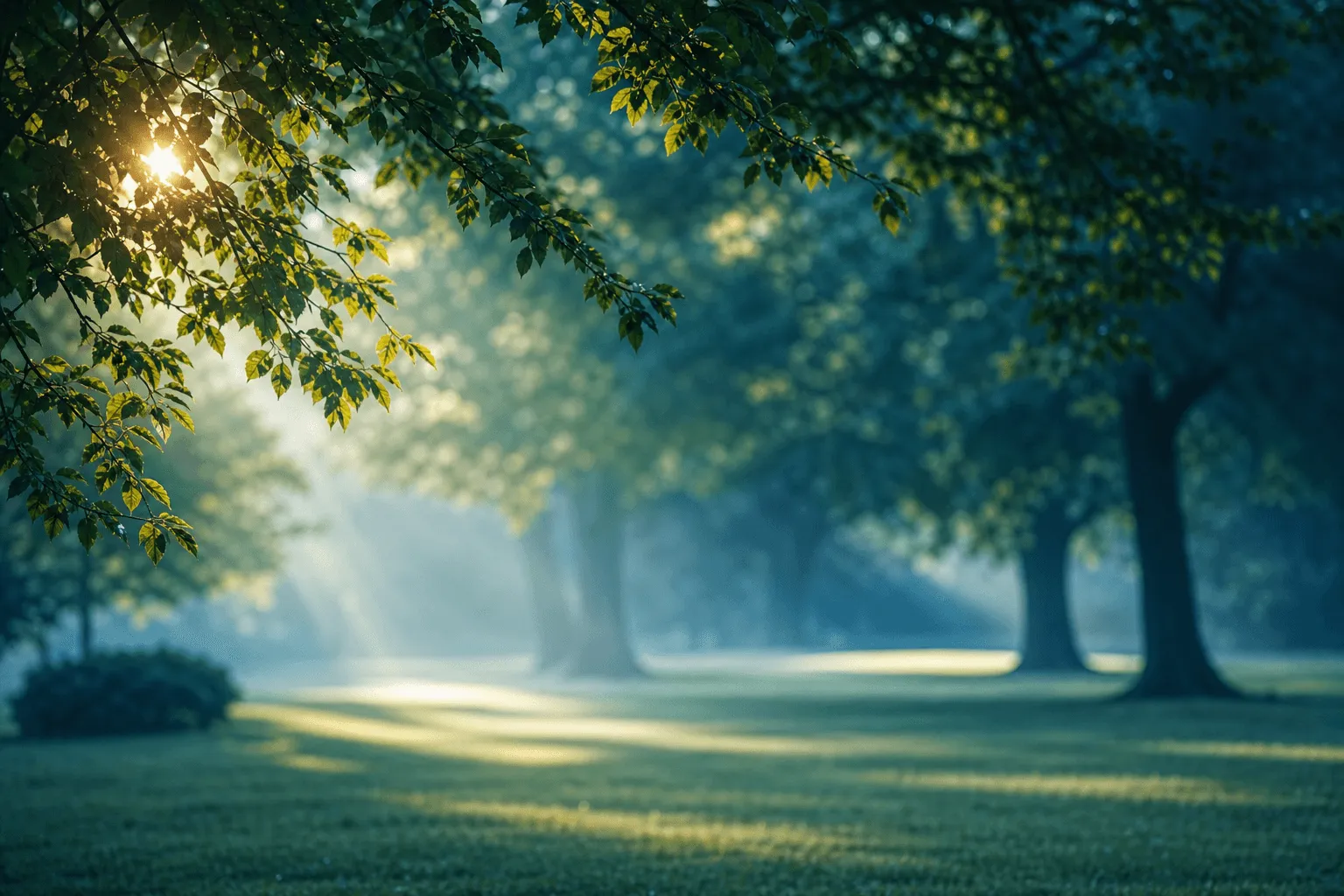 Calming soft morning light through tree branches — abstract grounding scene without people.