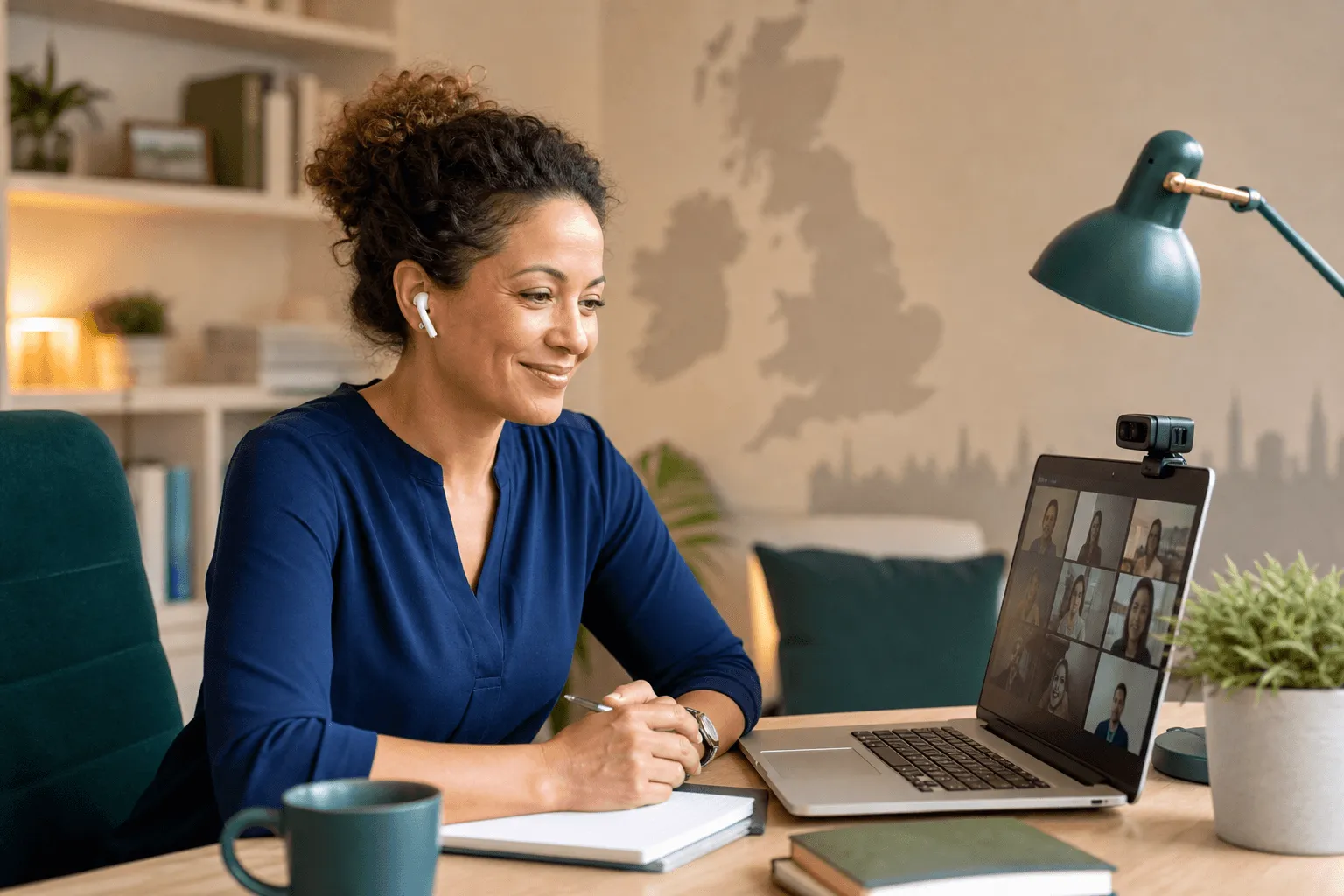 A clinician on a laptop video call in a warm home office suggesting nationwide reach.