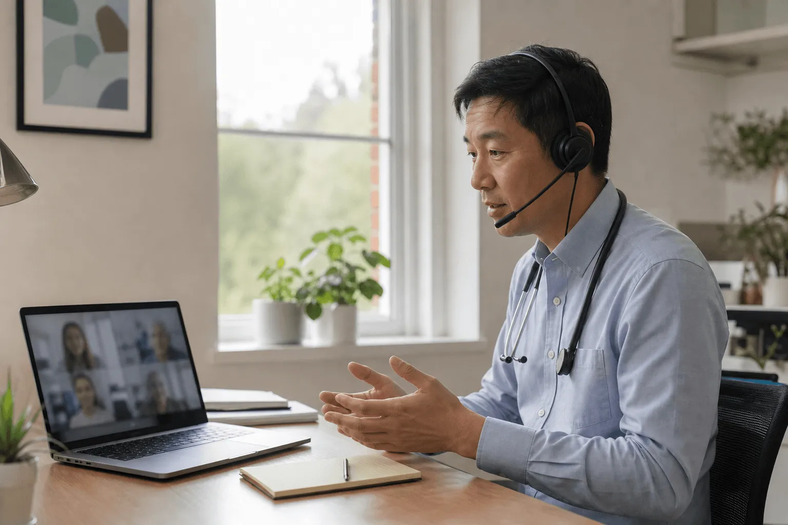 A clinician conducting an online video consultation from a calm clinic office.