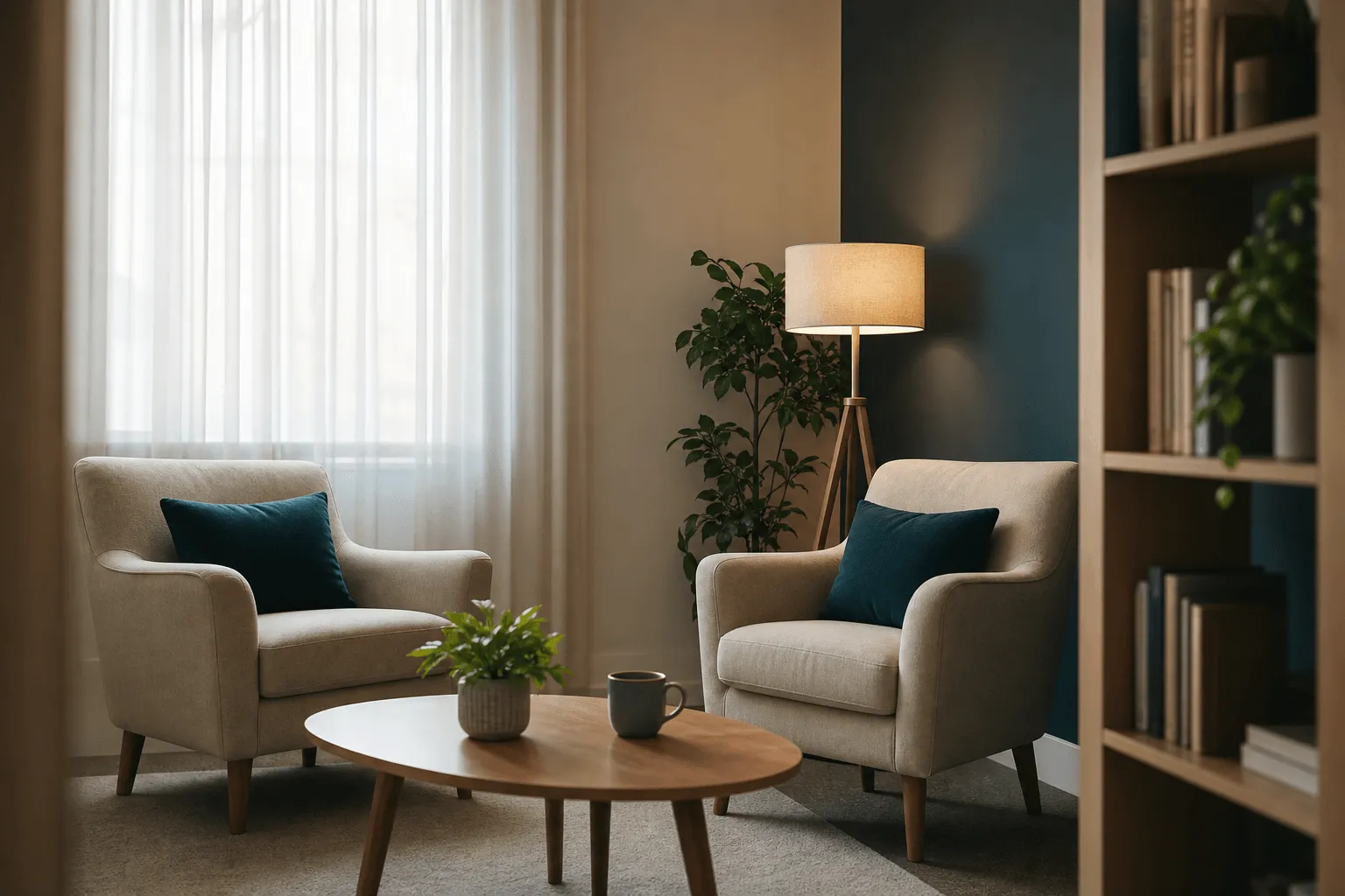 A calm, empty consulting room set up for a one-on-one conversation.