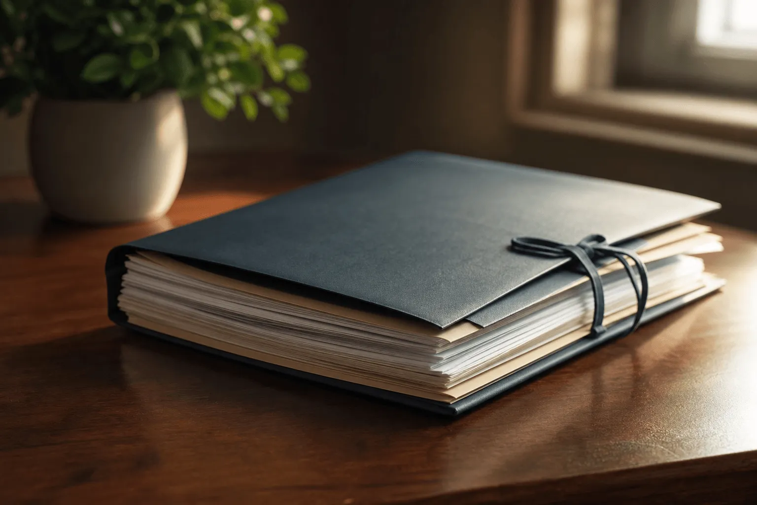 A folder of documents on a wooden desk with a small plant in soft focus, warm window light.