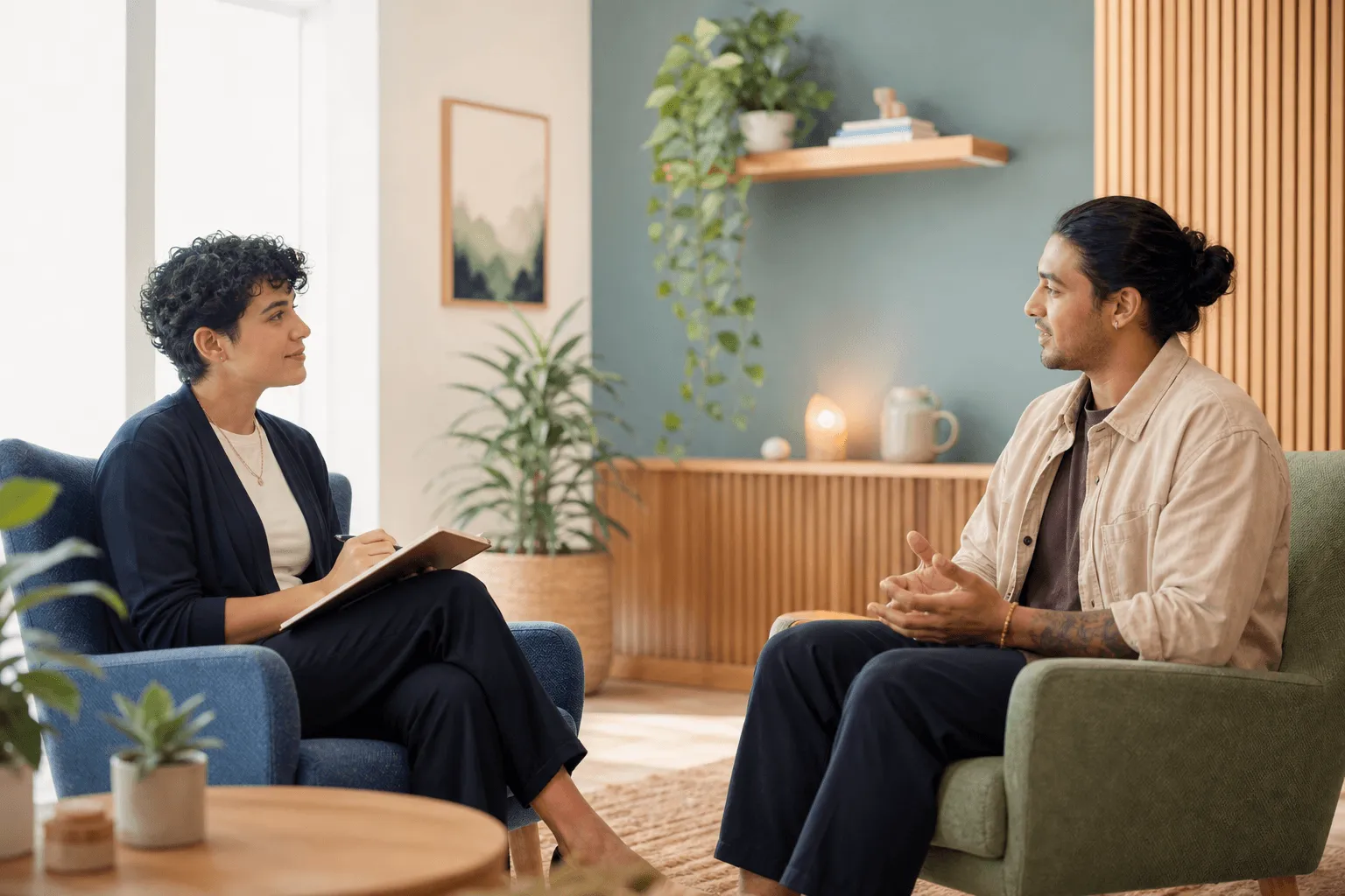 Two diverse adults in attentive conversation in a warm biophilic clinical consultation room.