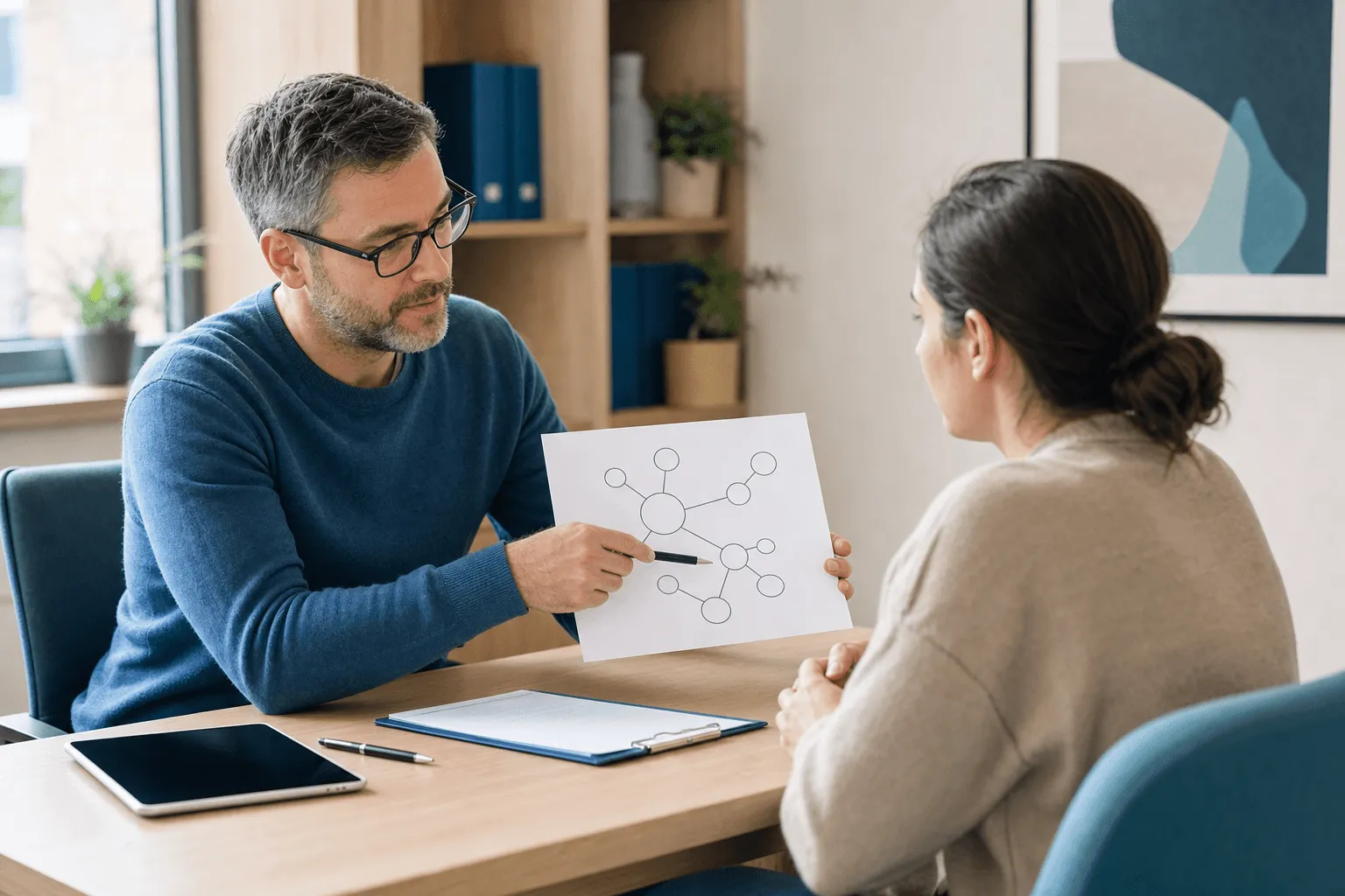 A clinician walking a client through a printed pathway diagram during triage.