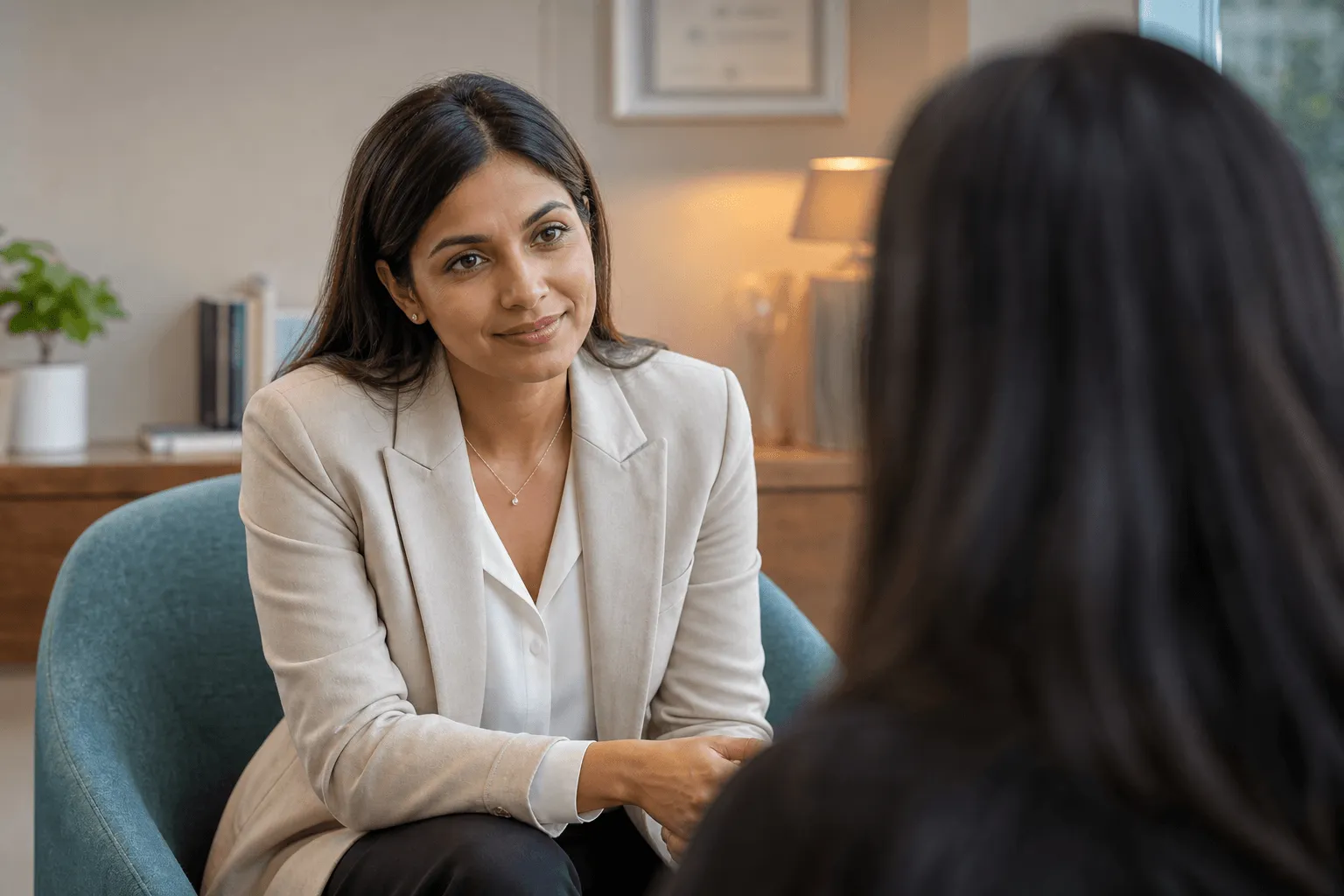 A clinician listening attentively during a one-on-one consultation.