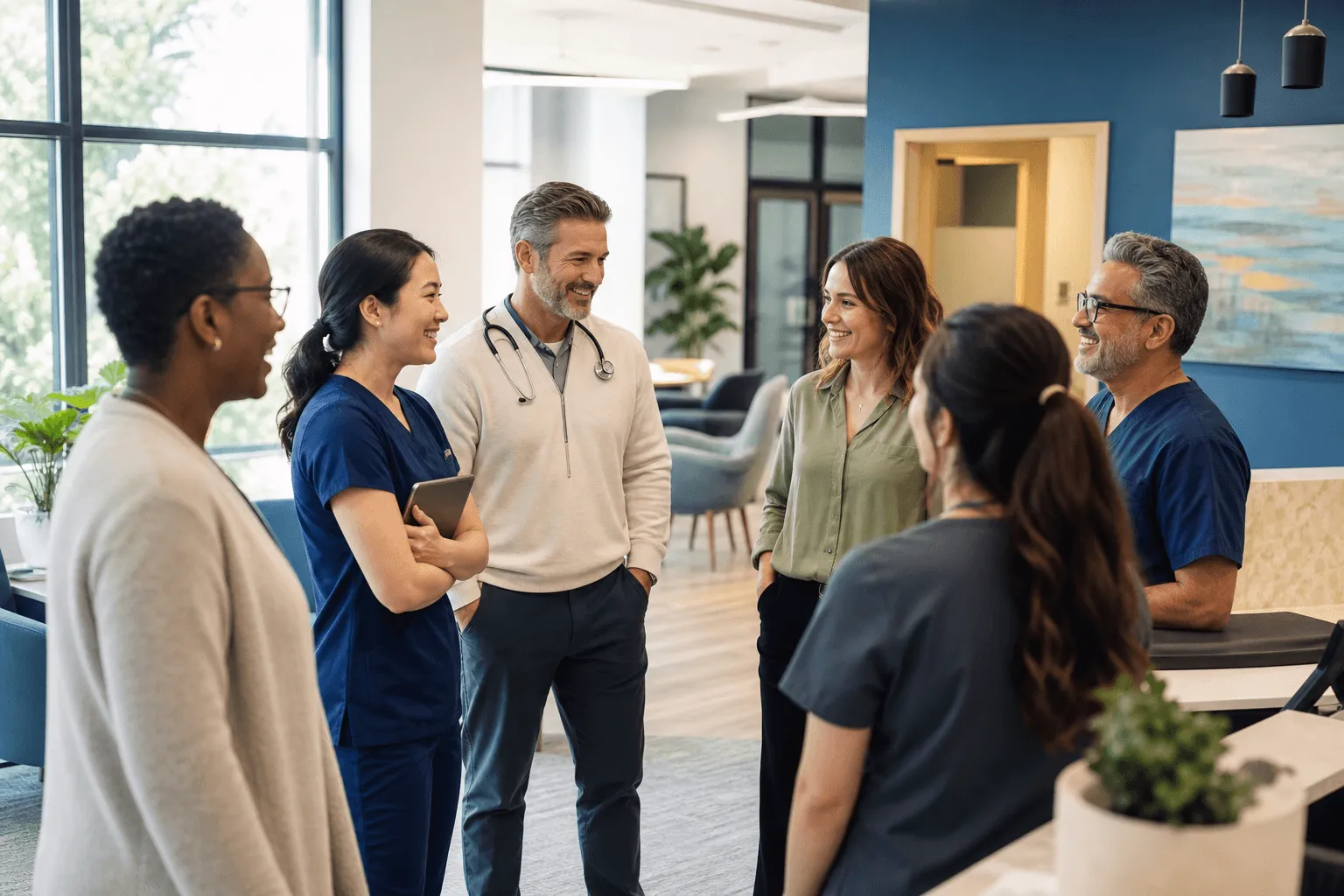 Diverse clinicians chatting in a sunlit modern office reception area.