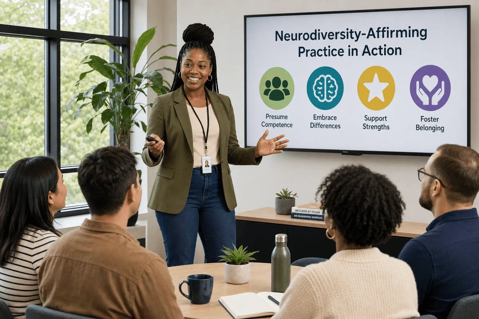 A trainer presenting a workshop to a diverse group of adults