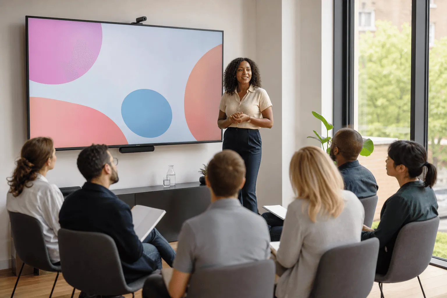 A trainer presenting a workshop to a semicircle of diverse adult attendees.